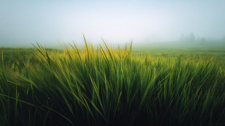 A serene view of lush green grass in a fog-filled landscape. Soft lighting enhances the tranquility, perfect for themes of nature and calmness in photography.の素材