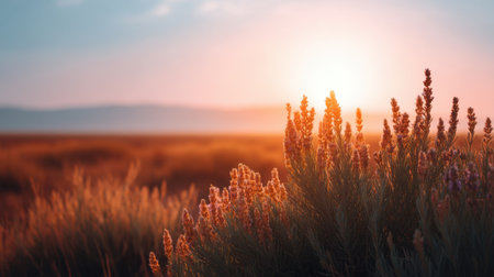 A peaceful scene showcasing a vibrant field of wildflowers illuminated by soft golden light during sunset, creating a tranquil atmosphere in nature.の素材