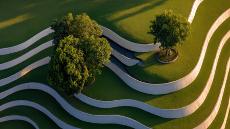 Captivating aerial shot of a modern garden showcasing wavy pathways and lush greenery, perfect for outdoor activities and moments of tranquility.の素材