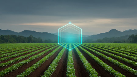 A serene agricultural landscape shows vibrant green rows of crops under a cloudy sky. A futuristic geometric overlay symbolizes the integration of technology in farming practices.の素材