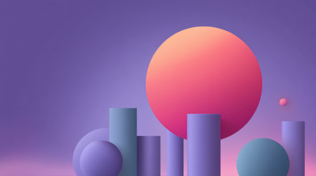 This abstract image showcases a harmonious blend of geometric shapes, including circles and cylinders, in calming purple and striking orange tones, creating a modern aesthetic.の素材