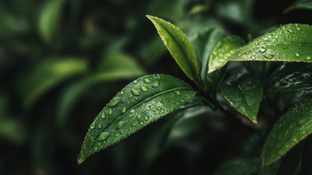 Captivating close-up of vibrant green leaves adorned with glistening water droplets, showcasing nature's beauty and purity. Ideal for projects focused on the environment.の素材