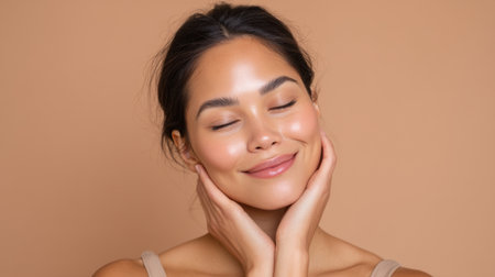 A young woman radiates happiness and tranquility, showcasing her glowing skin and serene expression. This portrait captures beauty in a moment of self-care and relaxation.の素材