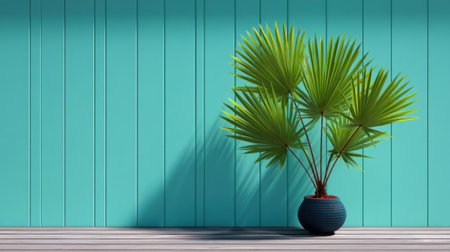 A vibrant palm plant in a stylish pot casts soft shadows against a turquoise wooden wall, bringing a touch of nature and freshness to any indoor setting.の素材