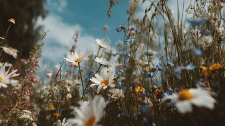 A stunning view of a wildflower meadow filled with vibrant daisies and blue blossoms under a clear blue sky, capturing the essence of natural beauty and serenity.の素材