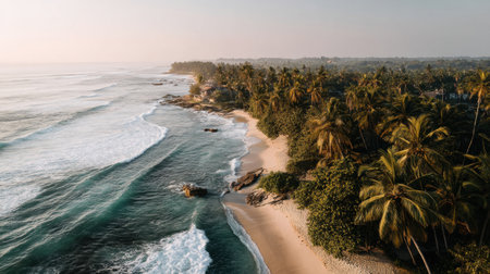 Experience the beauty of a tranquil tropical beach at sunset, featuring gentle ocean waves and lush palm trees. Perfect for travel and nature themes.の素材