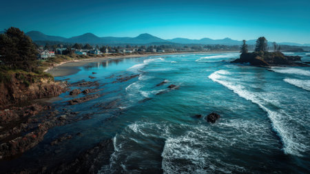 A breathtaking coastal view featuring gentle waves lapping against a rocky shoreline, overlooking a quaint beach town with distant mountains under a clear blue sky.の素材