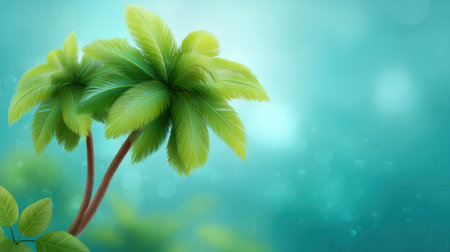 This image features lush green tropical palm trees set against a serene aqueous background, perfect for evoking feelings of relaxation and tranquility.の素材