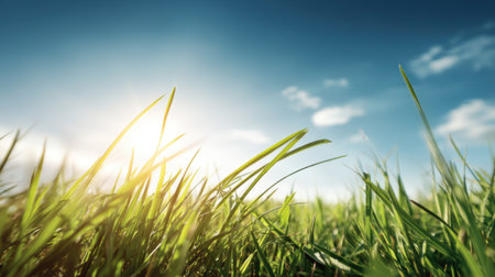 Captivating view of lush green grass bathed in sunlight, showcasing the vibrant colors of nature and a serene blue sky with clouds, ideal for nature-themed projects.の素材