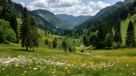 This beautiful landscape features a lush green valley surrounded by majestic mountains, bright blue skies, and colorful wildflowers, creating a serene and tranquil atmosphere.の素材