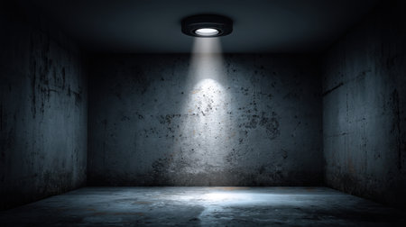 A stark, empty room with a spotlight shining down on rough concrete surfaces, creating a moody atmosphere perfect for artistic projects or dramatic visuals.の素材