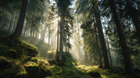 A captivating forest scene featuring tall trees and dazzling sun rays shining through the mist, creating a serene atmosphere. Perfect for nature lovers and outdoor enthusiasts.の素材