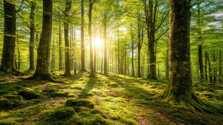 A stunning forest scene showcasing tall trees bathed in morning sunlight, with vibrant green foliage and soft moss covering the ground, inviting a sense of peace.の素材