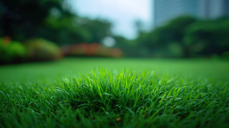 A vibrant, lush patch of green grass set against an urban backdrop. The scene captures the beauty of nature amidst city life, perfect for serene moments.の素材