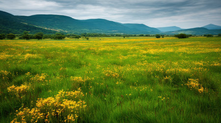 A beautiful landscape captures rolling hills and fields of vibrant yellow wildflowers against a backdrop of a cloudy sky, showcasing the serene beauty of nature.の素材