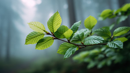 A beautiful close-up of fresh green leaves on a branch set against a misty forest background, highlighting the peace and tranquility of nature's stillness.の素材
