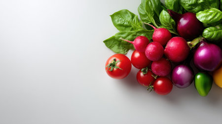 A vibrant arrangement of fresh vegetables and herbs including tomatoes, radishes, basil, and eggplants on a sleek white background, ideal for culinary inspiration.の素材