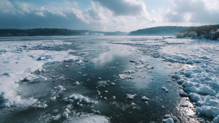 A stunning winter landscape featuring frozen water and snow-covered shoreline. The calm surface reflects the sky and adds tranquility to the scenic view.の素材