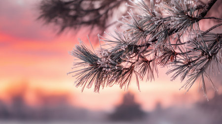 A close-up view of frosty pine branches against a vibrant winter sunset, showcasing a blend of colors in the sky while maintaining a serene and tranquil atmosphere.の素材