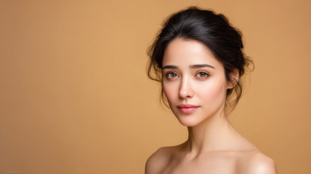 A captivating portrait of a young woman with natural beauty and soft features, set against a warm backdrop that highlights her elegance and grace, evoking calmness and simplicity.の素材