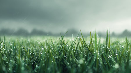 A close-up view of dew-covered grass under a cloudy sky, capturing a serene and tranquil atmosphere. The rain enhances the vibrancy and freshness of the lush greenery.の素材