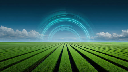 A vibrant agricultural landscape featuring neatly arranged green fields under a blue sky, enhanced by modern digital elements that symbolize advancements in farming technology.の素材