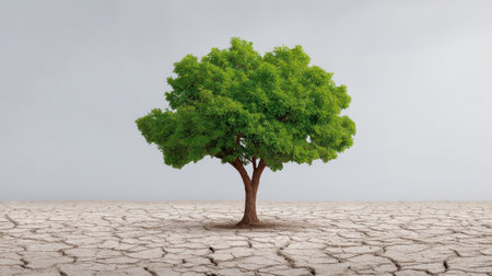 A solitary green tree stands proudly on parched, cracked earth, reflecting nature's resilience amid climate challenges and environmental issues in a striking scene.の素材