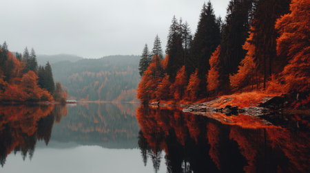 A serene autumn landscape showcasing vibrant red and orange leaves reflecting on a calm lake, surrounded by a dense forest and enveloped in misty tranquility.の素材