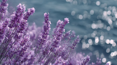 A stunning close-up of lavender flowers with a blurred shimmering water background creates a peaceful and serene atmosphere, perfect for nature lovers and gardening enthusiasts.の素材