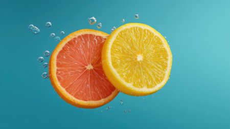 Experience the vibrant freshness of citrus with these slices of orange and grapefruit, set against a bright blue background and adorned with water drops.の素材