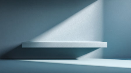 A minimalist shelf in a modern interior, illuminated by soft natural light casting shadows, creates a serene atmosphere ideal for product display or artistic presentations.の素材