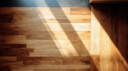 A captivating view of wooden floor planks illuminated by soft sunlight, creating a serene ambiance in a modern interior. Ideal for showcasing cozy home designs.の素材
