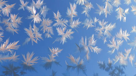 Delicate frost crystals create stunning patterns on a window, displaying the beauty of winter against a bright blue sky, perfect for seasonal and nature themes.の素材