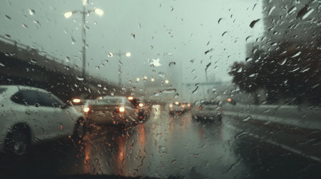 A captivating view of a rainy day traffic scene, showcasing blurred cars and raindrops on a windshield, creating a moody atmosphere in an urban setting.の素材