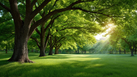 Discover a peaceful park landscape showcasing tall trees with abundant green leaves, sunlight filtering through the branches, creating a calm and rejuvenating atmosphere.の素材