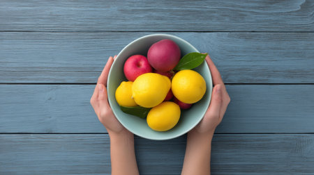 A stunning arrangement of fresh fruits, including vibrant lemons and apples, held by hands in a bowl, set against a light blue wooden surface, symbolizing health.の素材