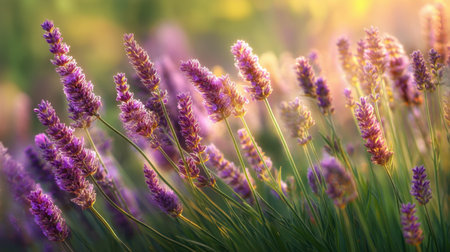 This image captures stunning purple flowers in a sunlit field, showcasing the delicate petals and tranquil beauty of nature's landscape, perfect for any design project.の素材