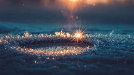 Captivating image of a frosty pond at sunrise, featuring sparkling ice crystals surrounding calm water. The gentle light creates a magical, serene atmosphere.の素材