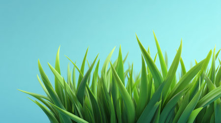 Vibrant green grass blades stretch towards the sky, creating a lively and refreshing atmosphere against a soft blue background, ideal for eco-friendly and nature themes.の素材