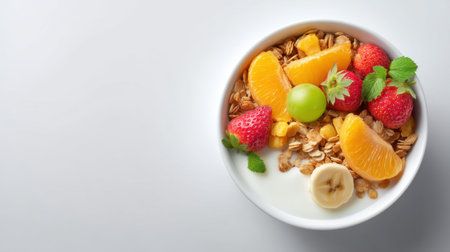 A vibrant yogurt bowl featuring creamy yogurt topped with granola, fresh strawberries, bananas, and oranges, garnished with mint leaves. Perfect for breakfast!の素材