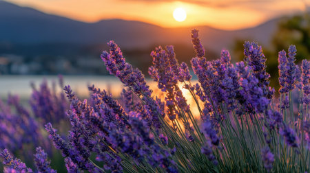 A breathtaking scene featuring vibrant lavender flowers illuminated by the warm hues of a sunset, reflecting on calm waters, creating a serene and picturesque landscape.の素材