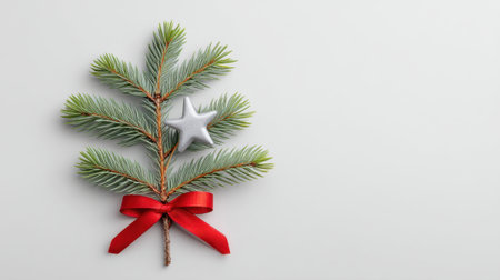 A beautiful pine branch adorned with a silver star and a red ribbon captures the essence of holiday spirit, perfect for festive decoration ideas and inspiration.の素材