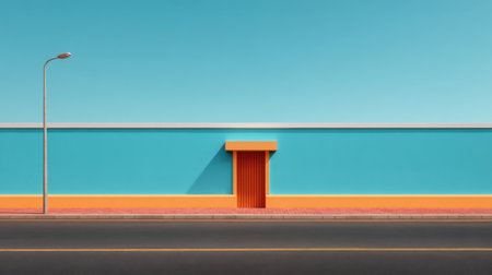 This image captures a bright blue wall with a bold orange door set against a clear sky, creating a vibrant urban landscape ideal for design projects.の素材