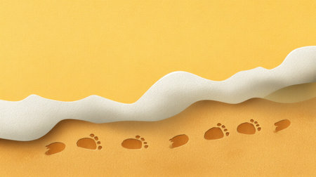 A serene beach scene featuring footprints on warm sand with gentle ocean waves. The soothing yellow palette evokes feelings of relaxation and escape. Perfect for vacation themes.の素材