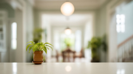 A charming small potted plant sits on a countertop, bringing a touch of nature indoors. The blurred background highlights a cozy and inviting space with greenery.の素材