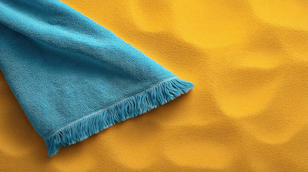 A soft blue towel lies elegantly on a vibrant yellow surface, creating a cozy and inviting atmosphere ideal for beach trips, home decor, or leisure activities.の素材