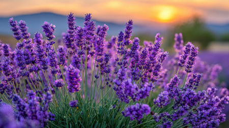 Experience the serene beauty of a lavender field at sunset, showcasing vibrant purple blooms against a stunning orange sky, creating a tranquil rural landscape.の素材