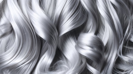 This stunning closeup of luxurious silver hair features beautiful waves and curls, showcasing glossy textures perfect for beauty or fashion themes in stunning photography.の素材