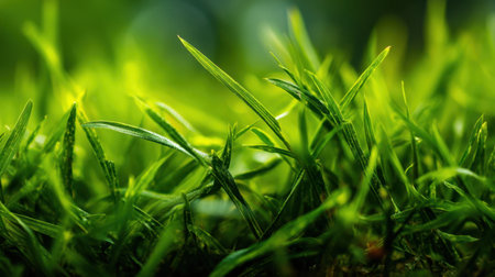 A vivid close-up of lush green grass blades adorned with morning dew drops, capturing the essence of a thriving natural environment and showcasing vibrant beauty.の素材