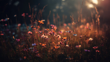 A stunning wildflower field illuminated by warm sunlight during the golden hour, showcasing a vibrant array of blossoms, soft shadows, and natural beauty.の素材